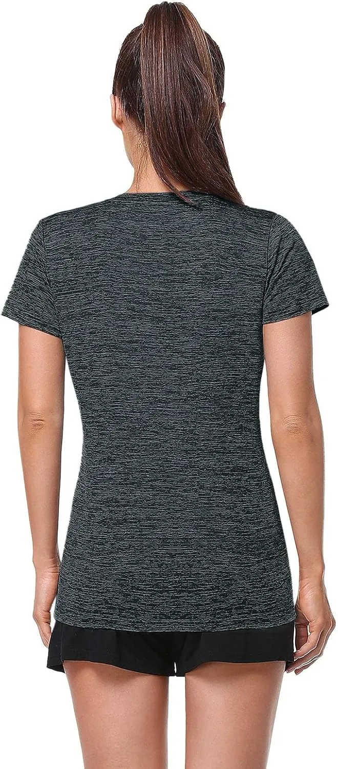 Womens Short Sleeve Athletic T-Shirt Moisture Wicking Sports V-Neck Tee Gym Yoga Running Stretch Quick Dry Tunic Tops