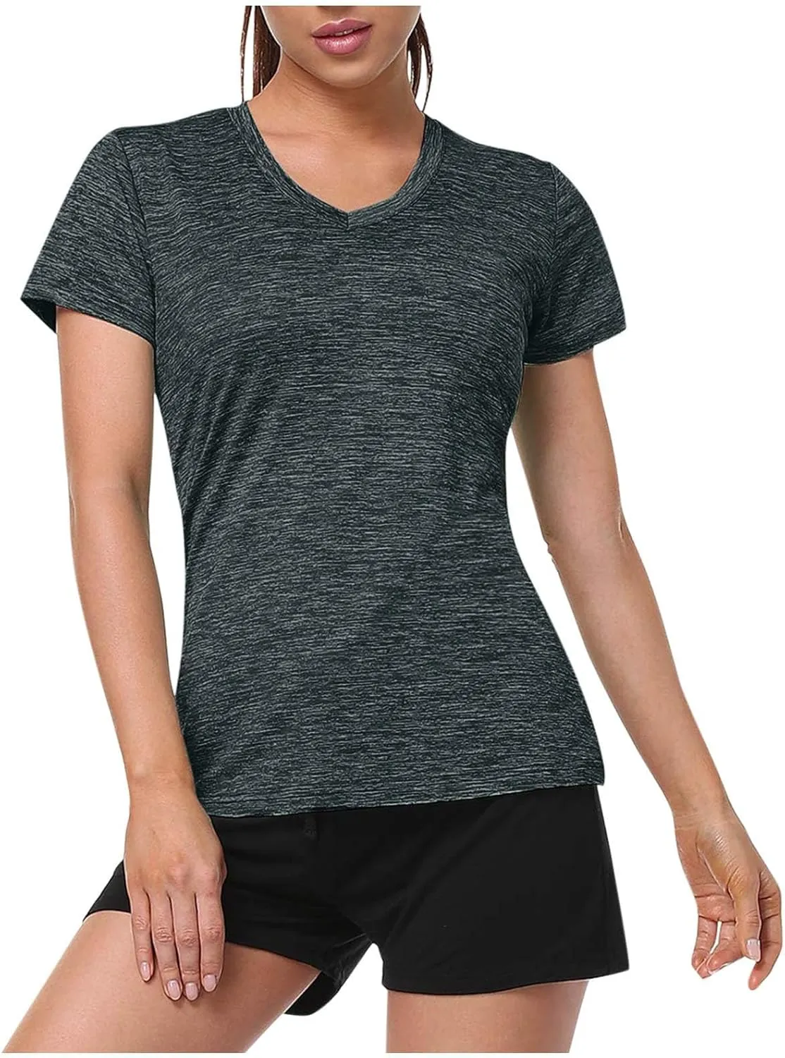 Womens Short Sleeve Athletic T-Shirt Moisture Wicking Sports V-Neck Tee Gym Yoga Running Stretch Quick Dry Tunic Tops