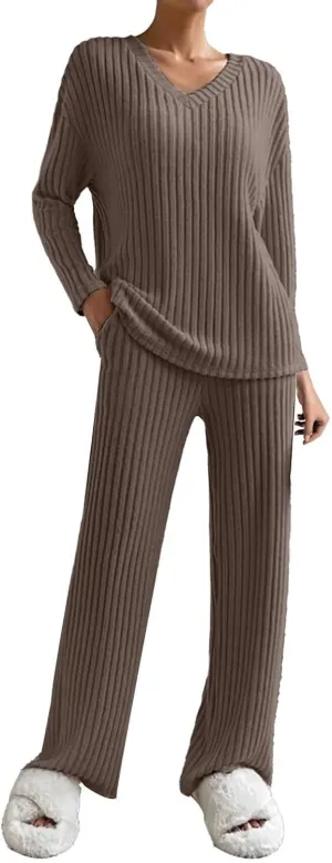 Womens Silk Satin Pajama Sets Women's 2 Outfits Sets Ruched Short Sleeve Tops and High Waisted Warm Loungewear Fuzzy