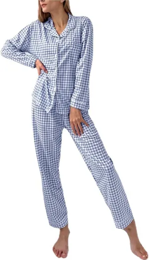 Women's Soft Knit Pajamas Lounge Set, Long Sleeve checked Top and Pants Loungewear Ladies Pjs Set with Pockets