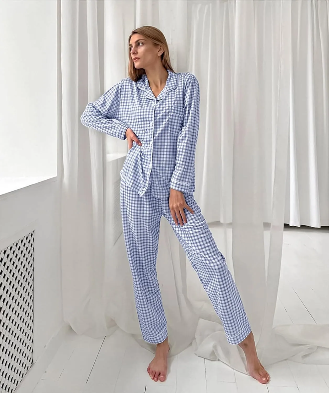 Women's Soft Knit Pajamas Lounge Set Long Sleeve checked Top and Pants Loungewear Ladies Pjs Set with Pockets
