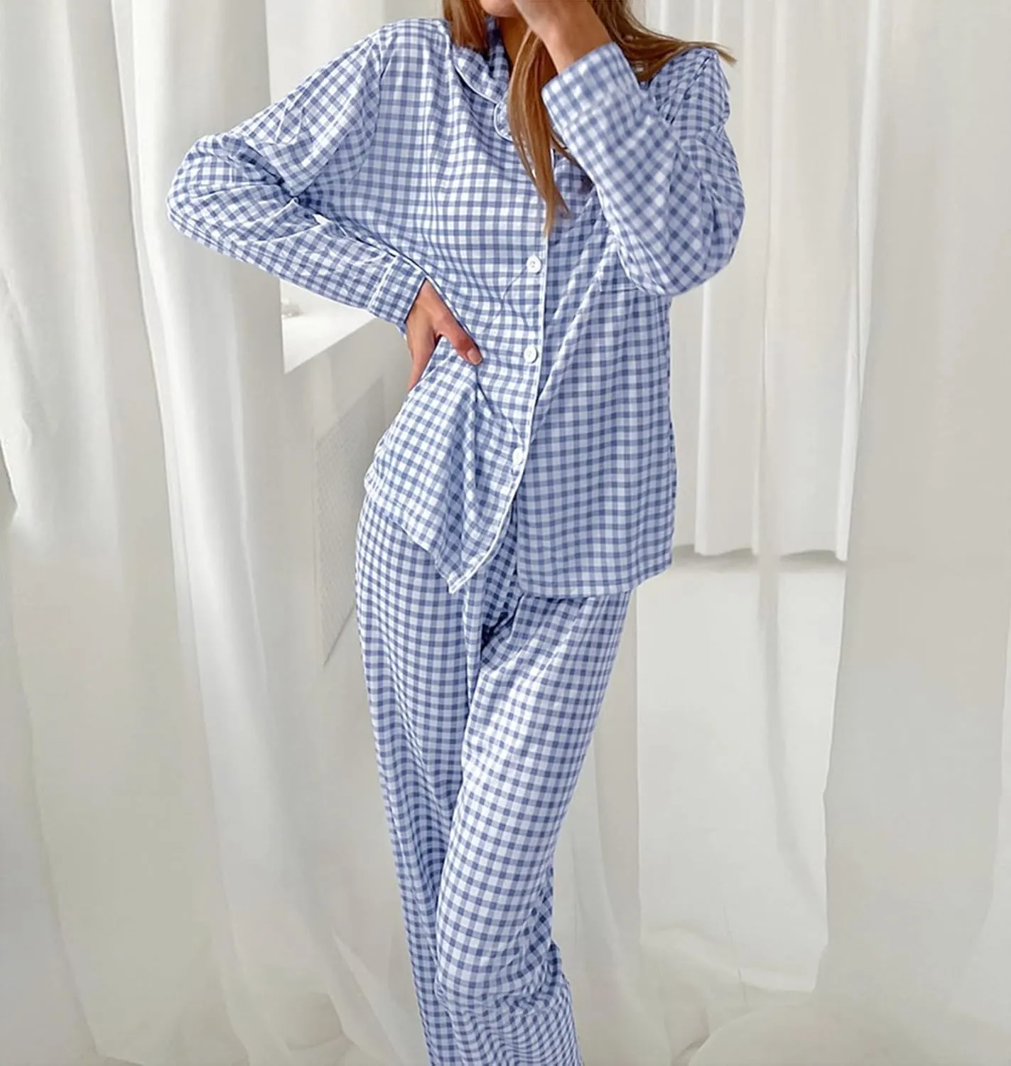Women's Soft Knit Pajamas Lounge Set, Long Sleeve checked Top and Pants Loungewear Ladies Pjs Set with Pockets