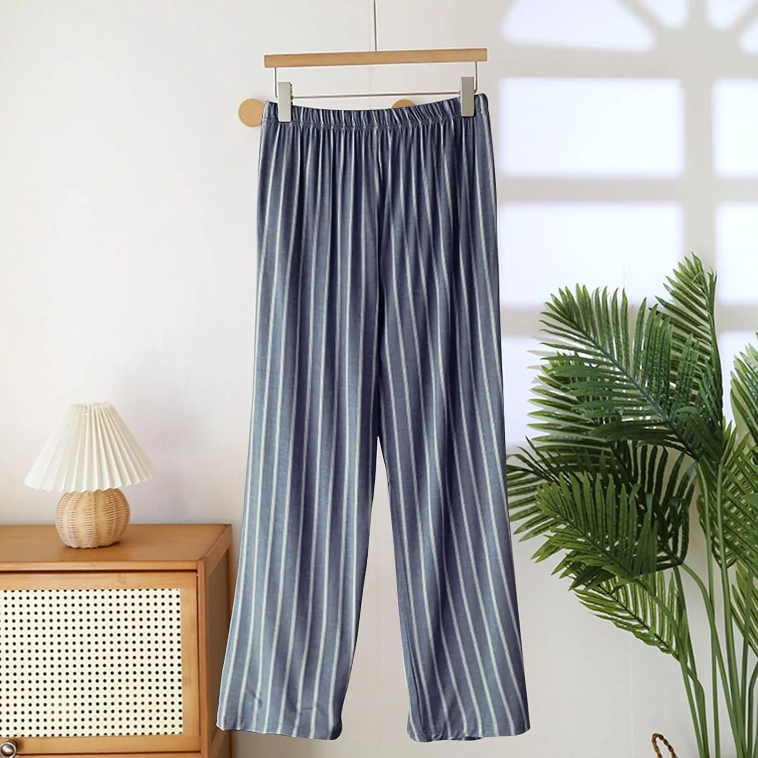 Womens Soft Pajama Long Pants, Comfy Wide Leg Lounge Pant With Pockets Stretch Striped Pajama Bottoms Cute Trousers