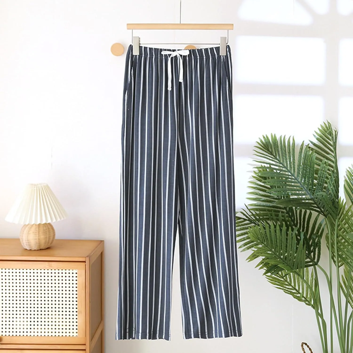 Womens Soft Pajama Long Pants, Comfy Wide Leg Lounge Pant With Pockets Stretch Striped Pajama Bottoms Cute Trousers