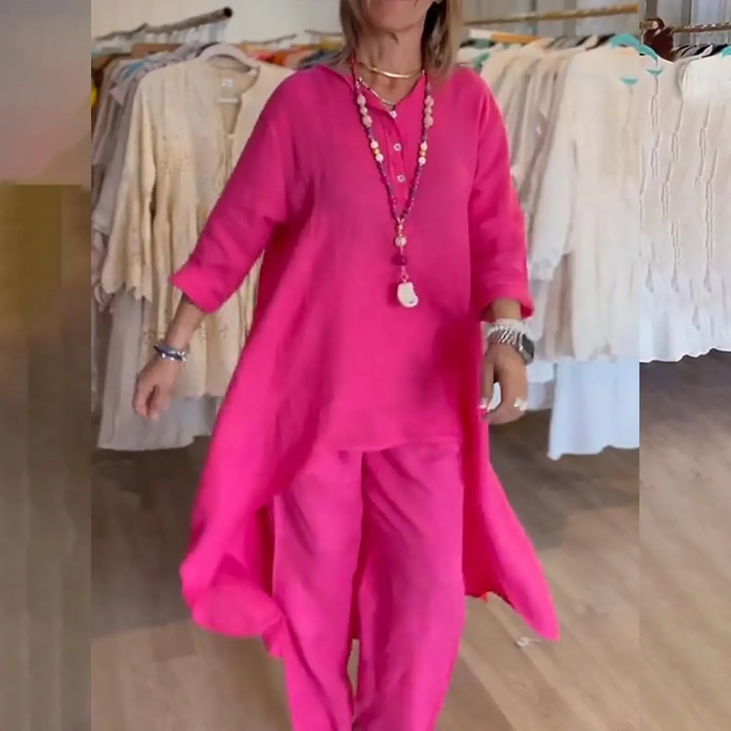 Women's Soft Pajama Sets Women's Solid Color Cotton Linen Casual Long Sleeve Top Wide Leg Pants Set Long Sleeve