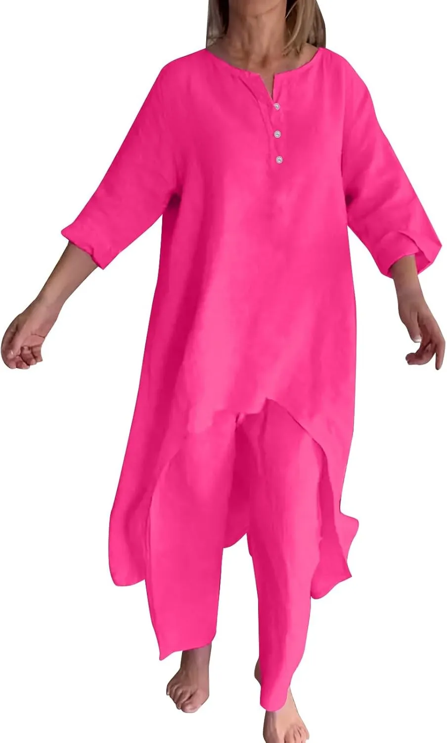 Women's Soft Pajama Sets Women's Solid Color Cotton Linen Casual Long Sleeve Top Wide Leg Pants Set Long Sleeve