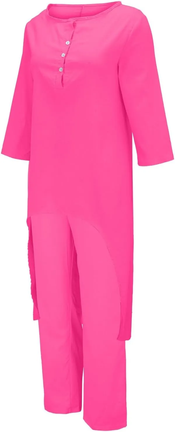 Women's Soft Pajama Sets Women's Solid Color Cotton Linen Casual Long Sleeve Top Wide Leg Pants Set Long Sleeve