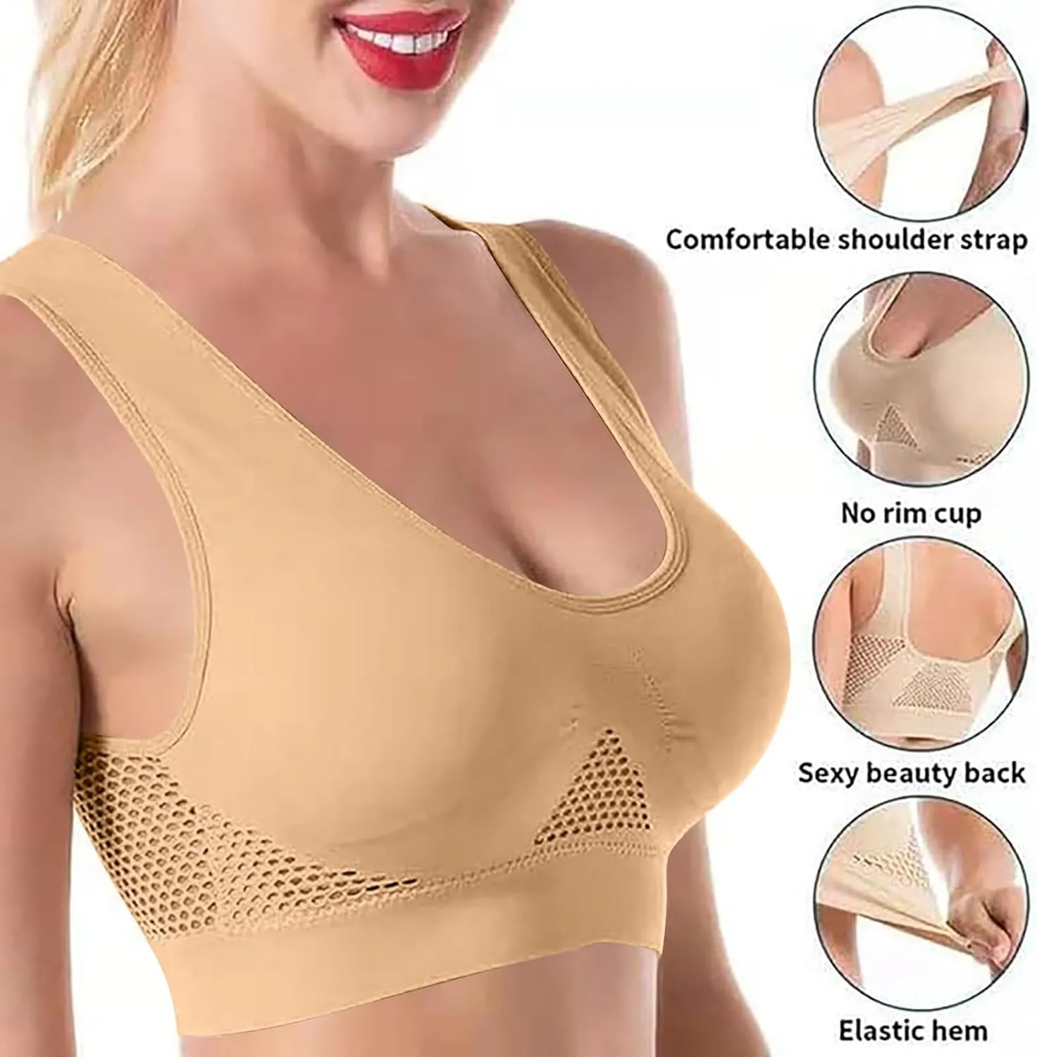 Women's Sports Bra Breathable No Wire Everyday Bras Soft Support Breathable Medium Support Mesh Bras