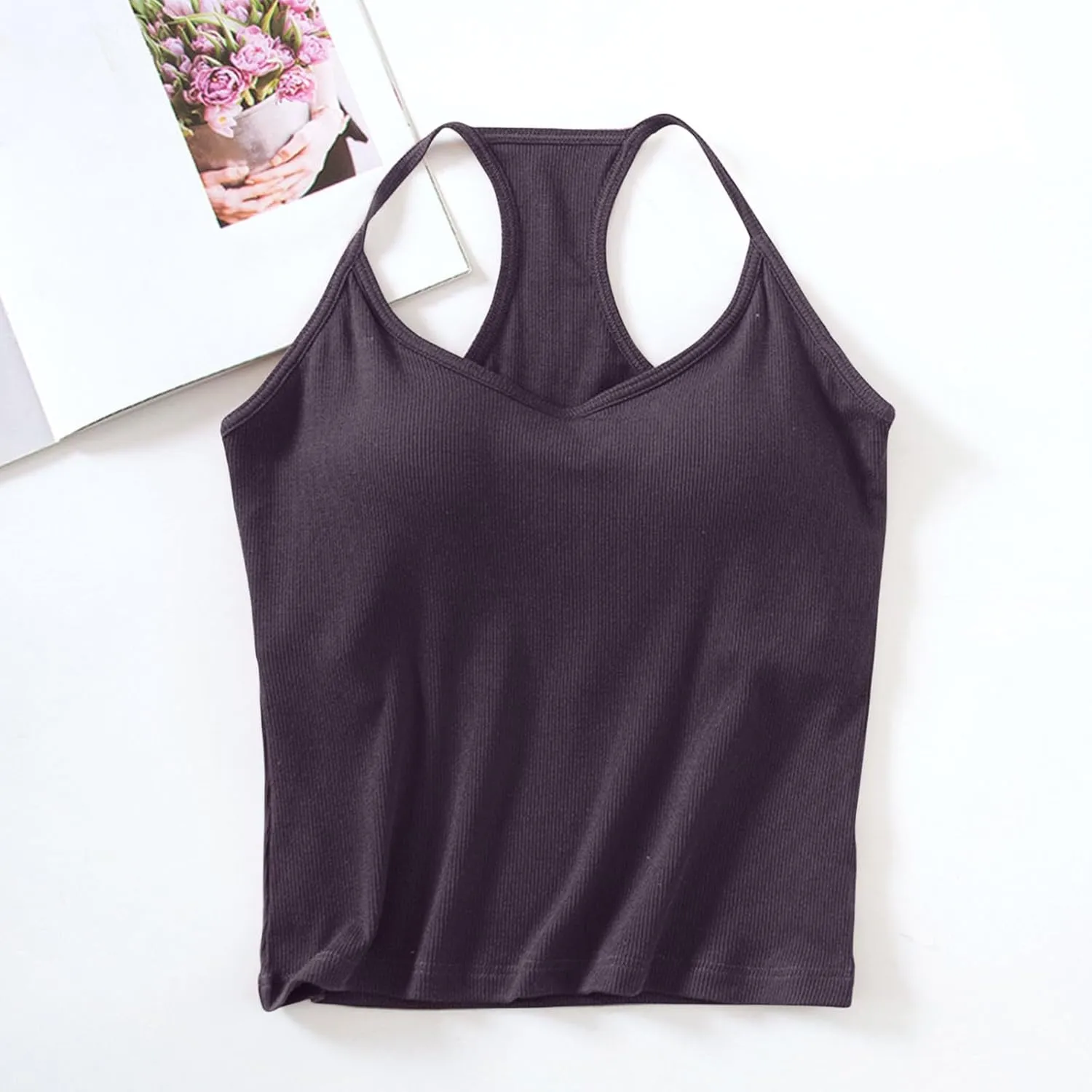 Womens Sports Bra Seamless Crop Tank Racer Back Spaghetti Strap Workout Yoga Shirts Padded Halter Neck Casual Tops