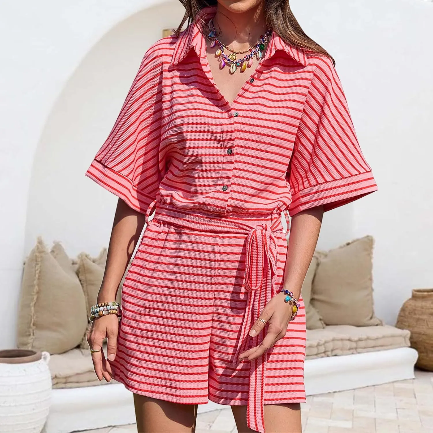 Womens Striped 2 Piece Sets Summer Loose Fit Lapel Button Down Short Sleeve Shirts Lace Up Wide Leg Shorts Outfits