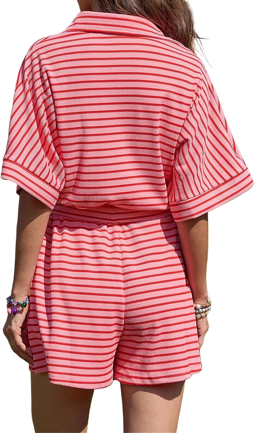 Womens Striped 2 Piece Sets Summer Loose Fit Lapel Button Down Short Sleeve Shirts Lace Up Wide Leg Shorts Outfits