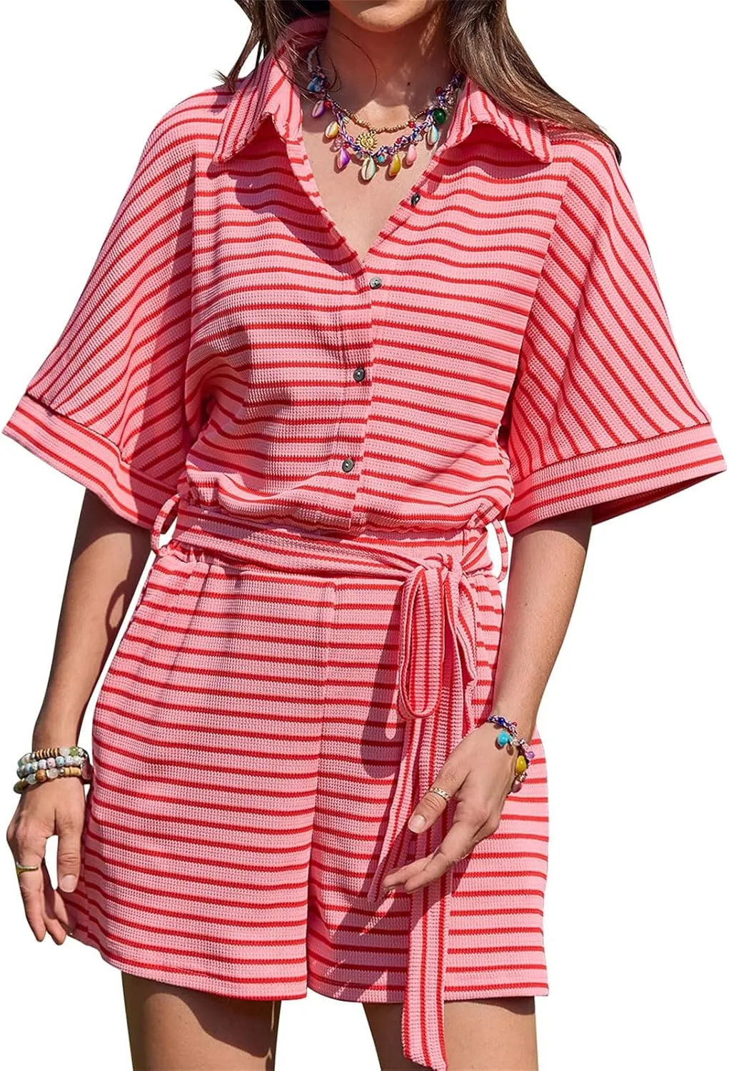 Womens Striped 2 Piece Sets Summer Loose Fit Lapel Button Down Short Sleeve Shirts Lace Up Wide Leg Shorts Outfits