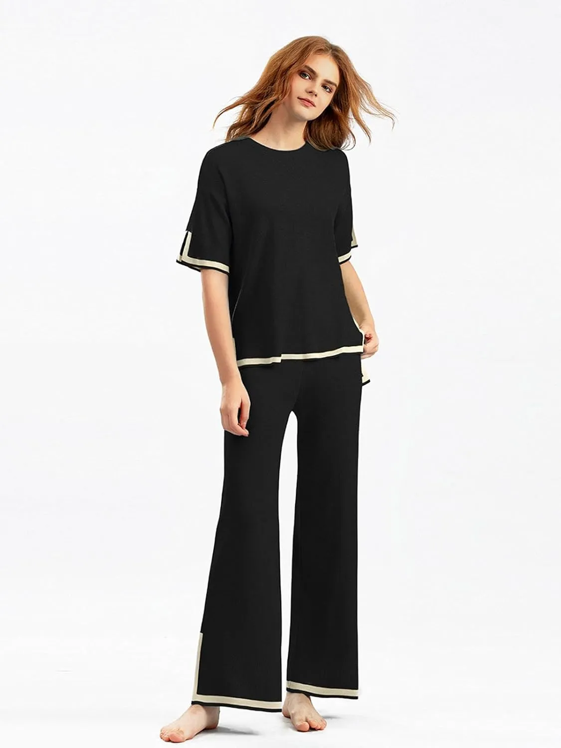 Women's Sweater Sets 2 Piece Tracksuits Outfits Short Sleeve Pullover Knit Tops Wide Leg Pants Lounge Set