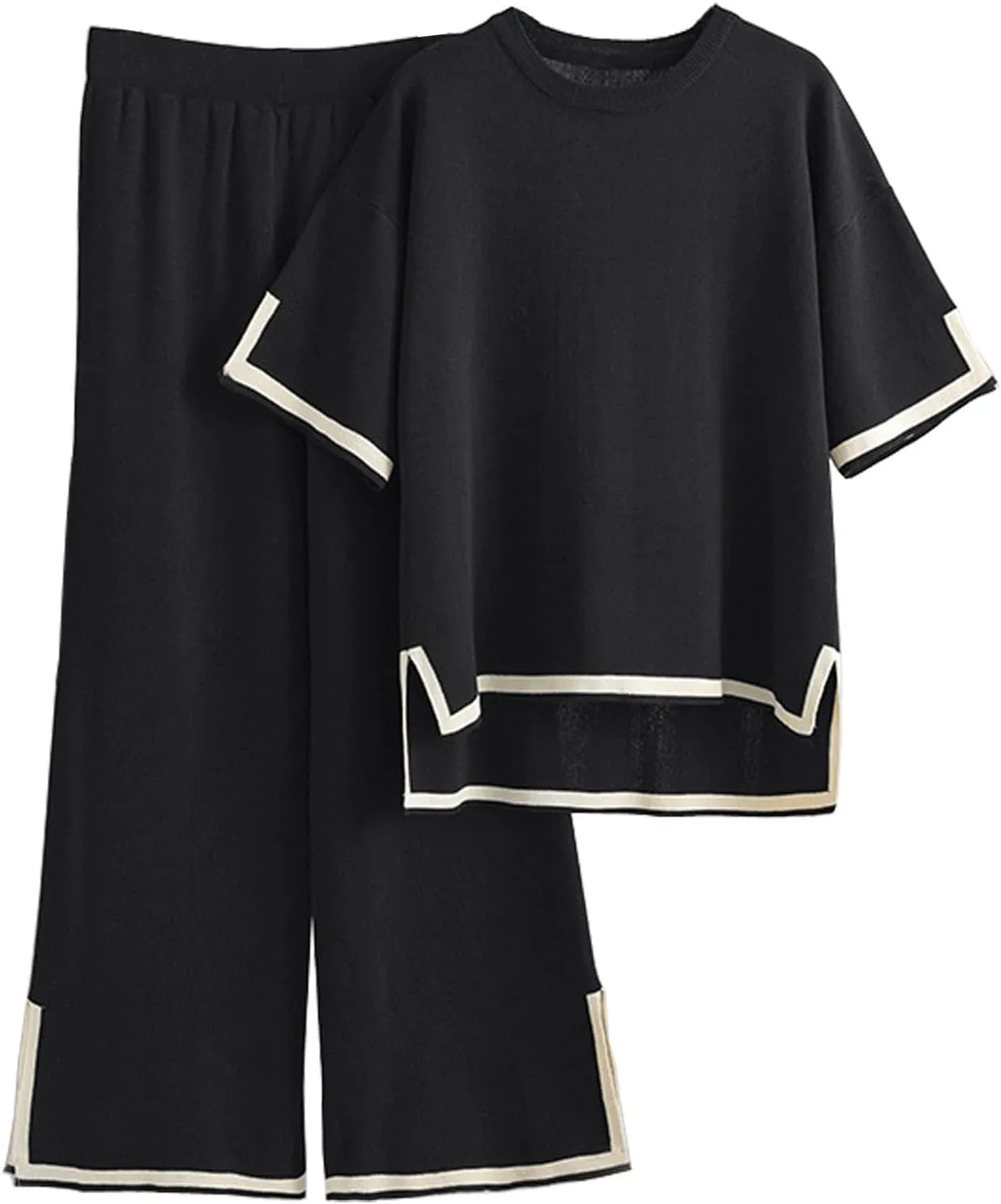 Women's Sweater Sets 2 Piece Tracksuits Outfits Short Sleeve Pullover Knit Tops Wide Leg Pants Lounge Set