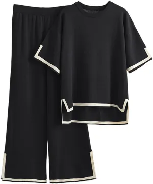 Women's Sweater Sets 2 Piece Tracksuits Outfits Short Sleeve Pullover Knit Tops Wide Leg Pants Lounge Set