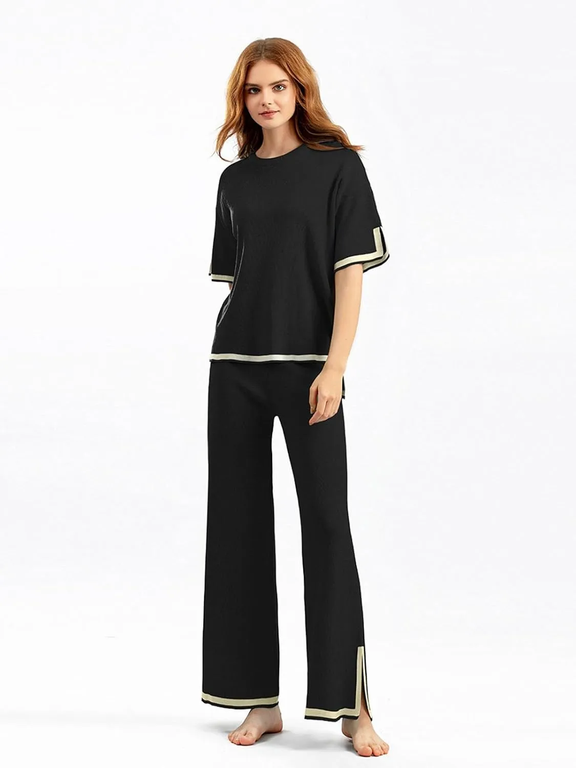 Women's Sweater Sets 2 Piece Tracksuits Outfits Short Sleeve Pullover Knit Tops Wide Leg Pants Lounge Set