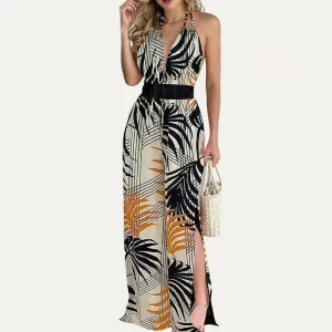 Women's Tropical Style Leaf Print Halter Sleeveless Wide Leg Jumpsuit