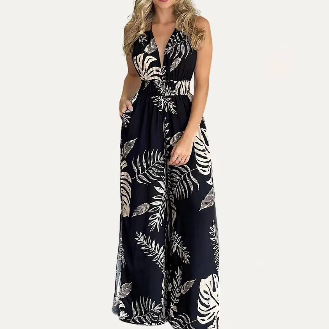 Women’s Tropical Style Leaf Print Halter SleevelessWide-Leg Jumpsuit