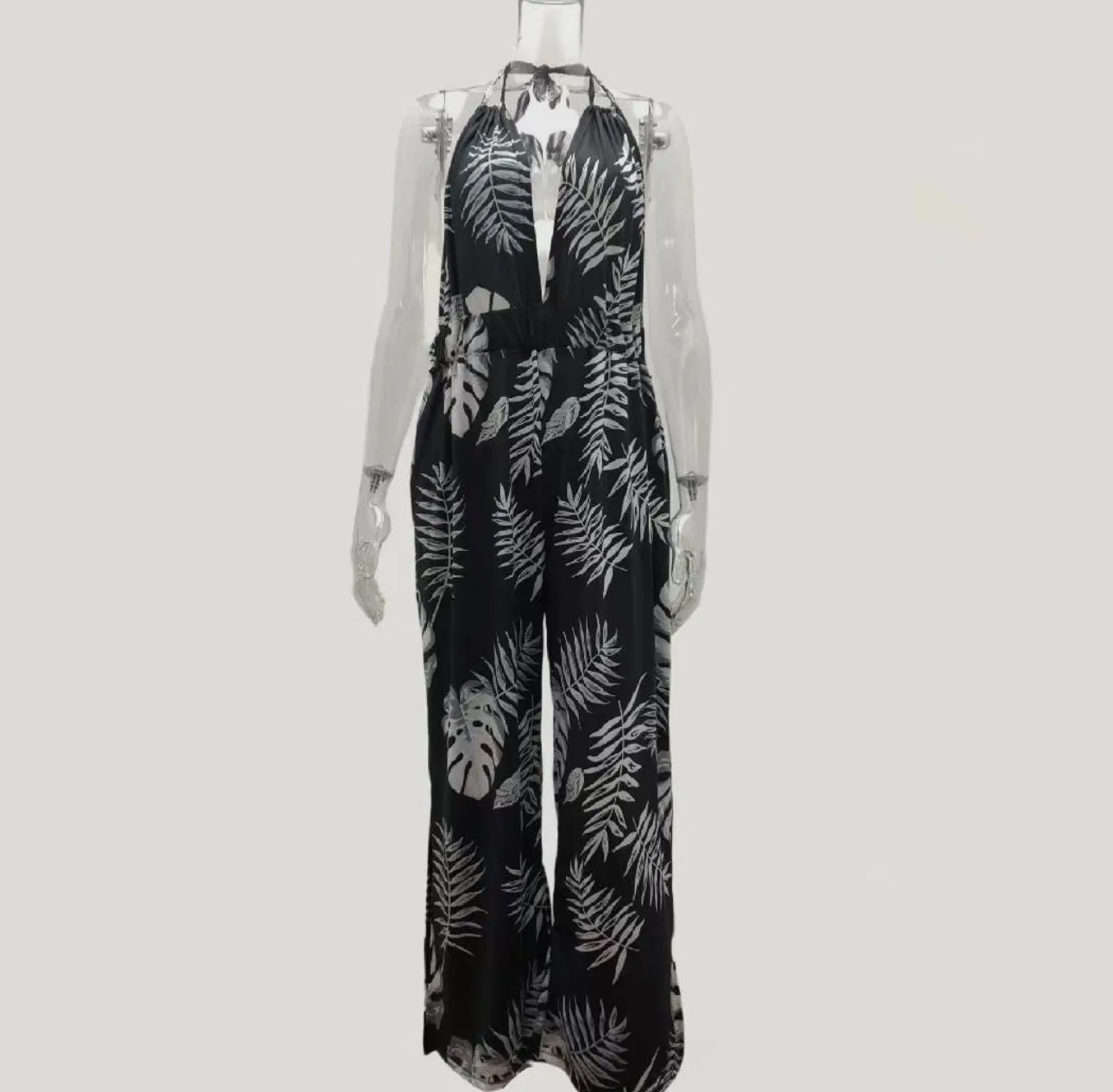 Women’s Tropical Style Leaf Print Halter SleevelessWide-Leg Jumpsuit