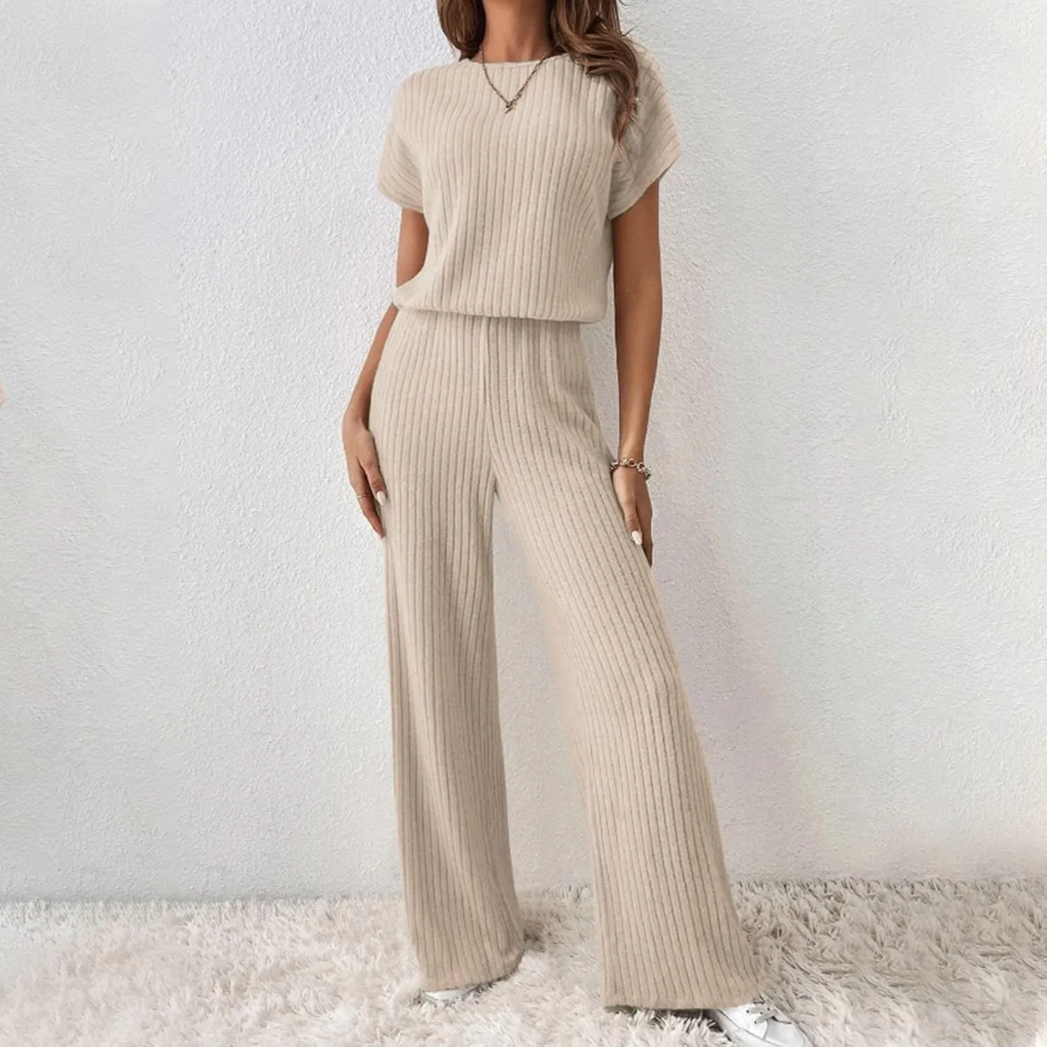 Womens Two Piece Outfits Lounge Sets Short Sleeve Tops Pants Matching Ribbed Knit Tracksuit Travel Clothes Sets 2025