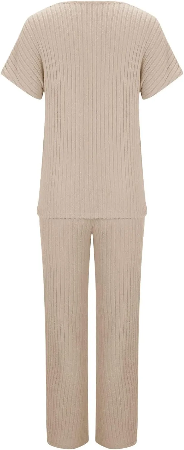 Womens Two Piece Outfits Lounge Sets Short Sleeve Tops Pants Matching Ribbed Knit Tracksuit Travel Clothes Sets 2025