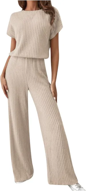 Womens Two Piece Outfits Lounge Sets Short Sleeve Tops Pants Matching Ribbed Knit Tracksuit Travel Clothes Sets 2025