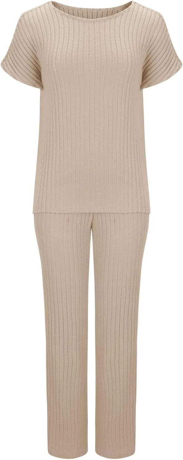 Womens Two Piece Outfits Lounge Sets Short Sleeve Tops Pants Matching Ribbed Knit Tracksuit Travel Clothes Sets 2025