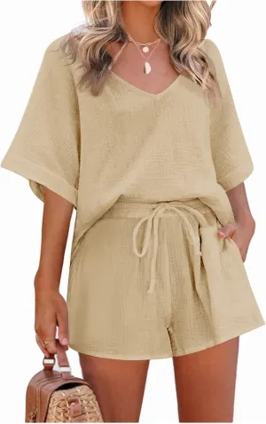 Womens Two Piece Outfits Summer Cotton Linen Casual Loose Fit Short Sleeve Shirts Drawstring Shorts Lounge Sets