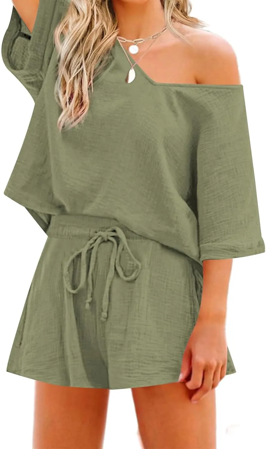 Womens Two Piece Outfits Summer Cotton Linen Casual Loose Fit Short Sleeve Shirts Drawstring Shorts Lounge Sets