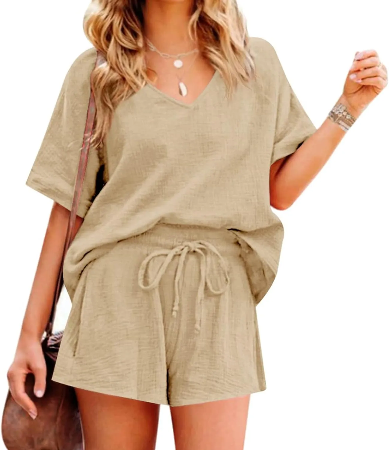 Womens Two Piece Outfits Summer Cotton Linen Casual Loose Fit Short Sleeve Shirts Drawstring Shorts Lounge Sets