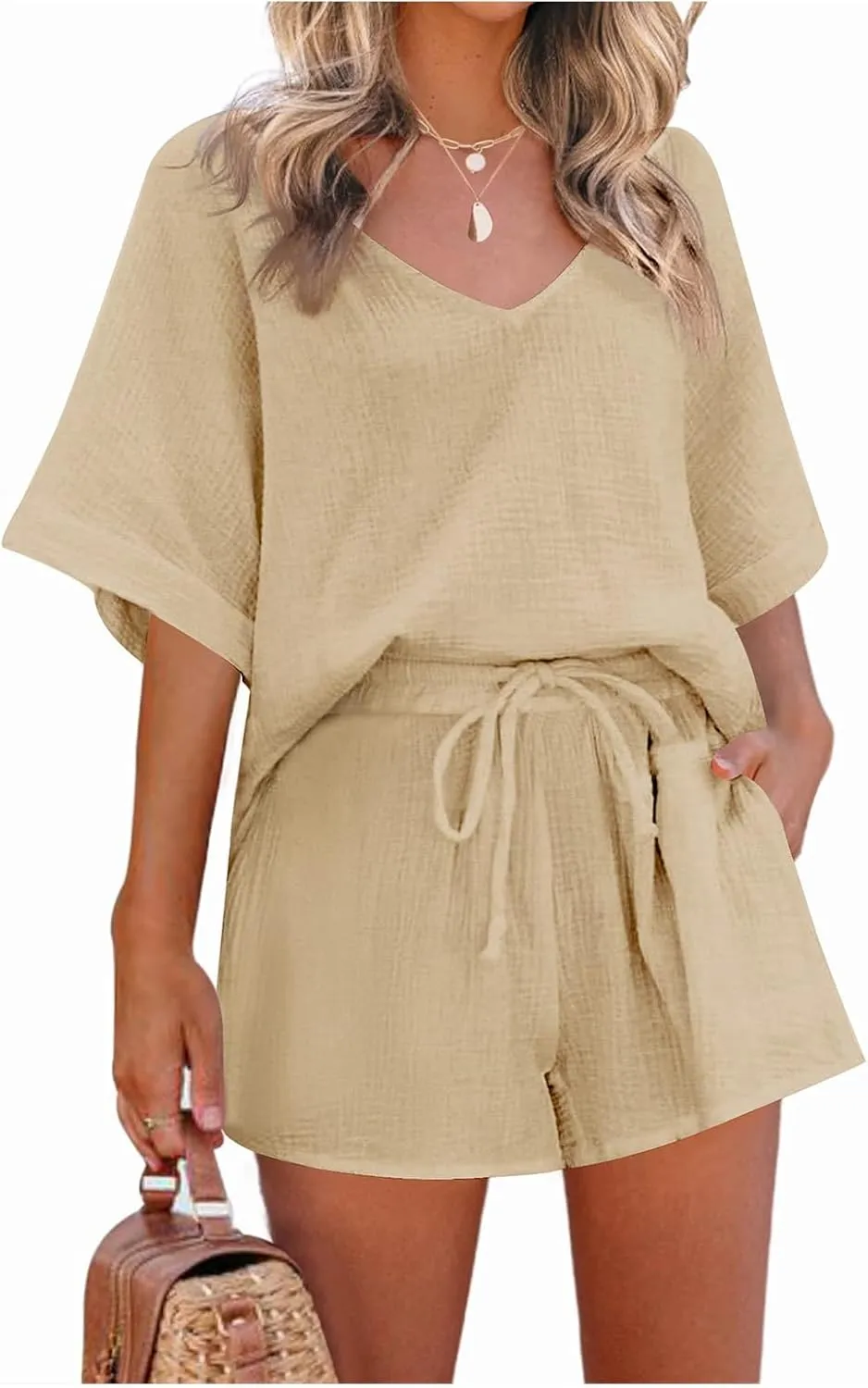 Womens Two Piece Outfits Summer Cotton Linen Casual Loose Fit Short Sleeve Shirts Drawstring Shorts Lounge Sets
