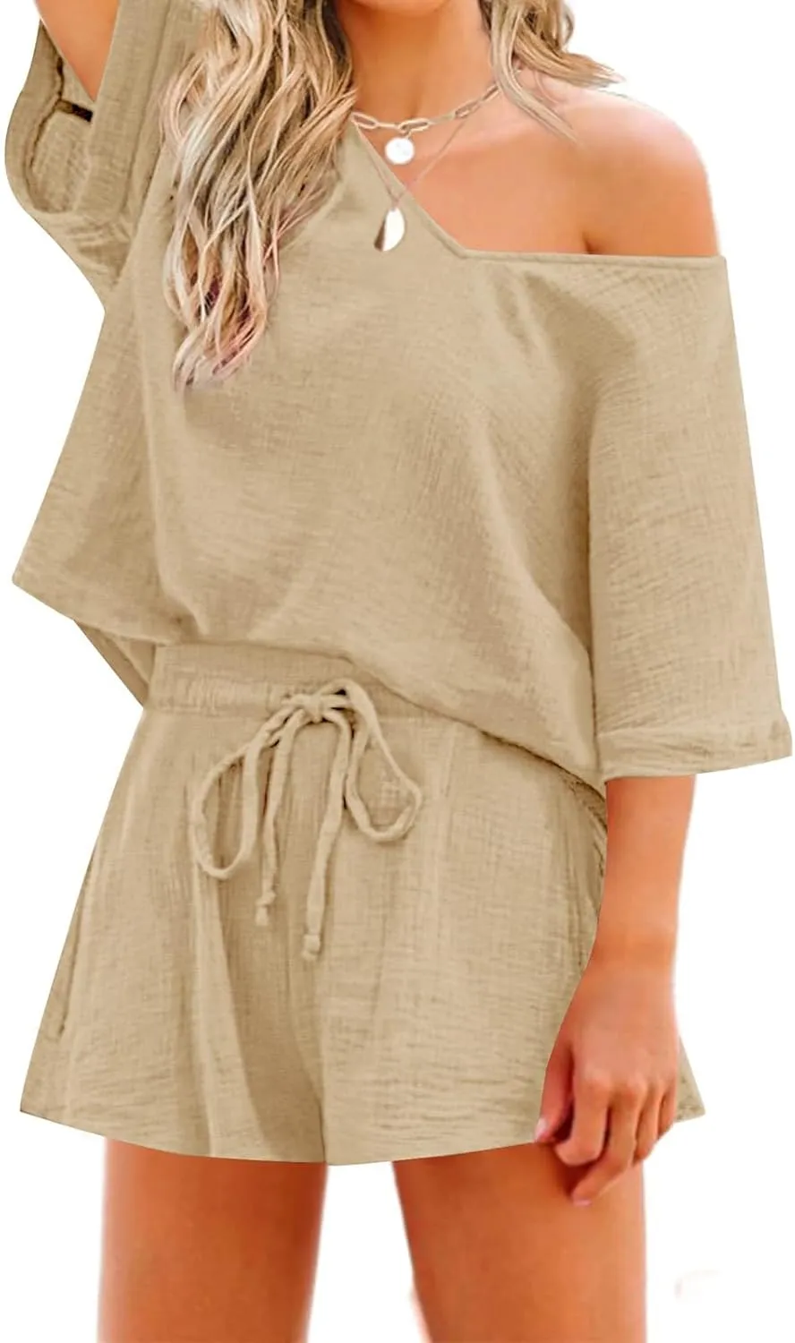 Womens Two Piece Outfits Summer Cotton Linen Casual Loose Fit Short Sleeve Shirts Drawstring Shorts Lounge Sets