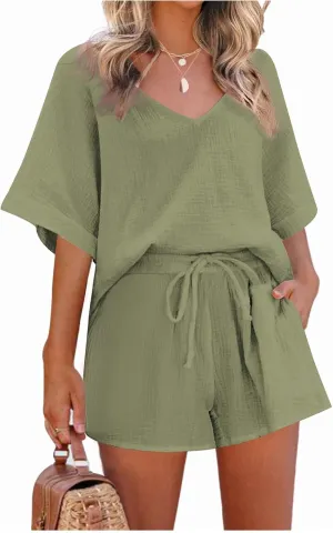 Womens Two Piece Outfits Summer Cotton Linen Casual Loose Fit Short Sleeve Shirts Drawstring Shorts Lounge Sets