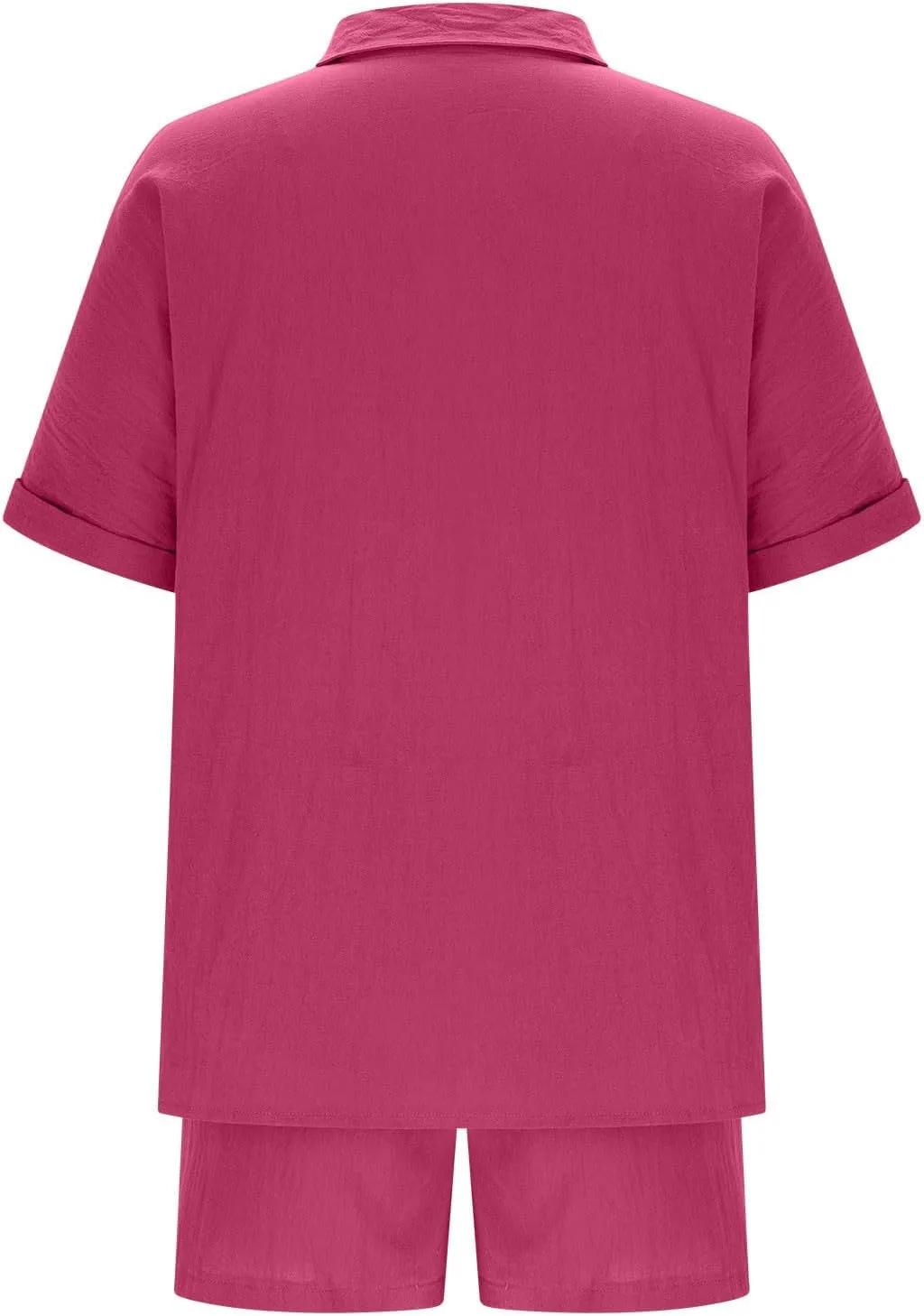 Womens Two Piece Outfits Summer Cotton Linen Short Sleeve Shirts Casual Loose Fit Drawstring Shorts Sets with Pocket