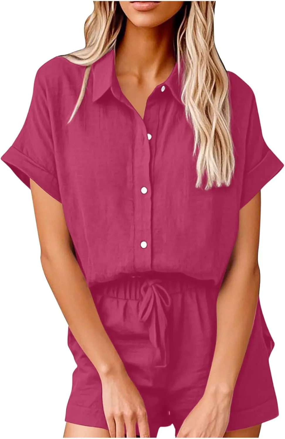 Womens Two Piece Outfits Summer Cotton Linen Short Sleeve Shirts Casual Loose Fit Drawstring Shorts Sets with Pocket