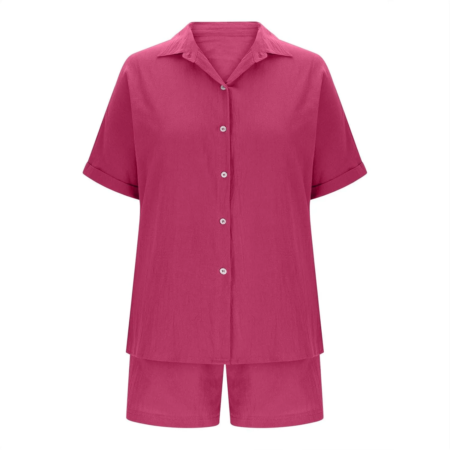 Womens Two Piece Outfits Summer Cotton Linen Short Sleeve Shirts Casual Loose Fit Drawstring Shorts Sets with Pocket