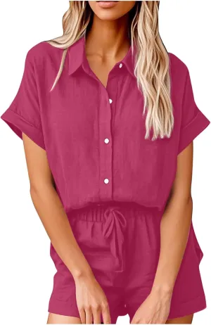Womens Two Piece Outfits Summer Cotton Linen Short Sleeve Shirts Casual Loose Fit Drawstring Shorts Sets with Pocket