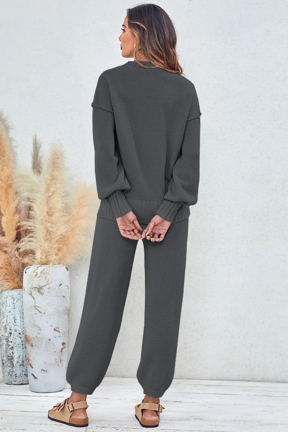 Women's Two Piece Trendy Outfits Cozy Knit Loungewear Sweater Sets Oversized Slouchy Matching Lounge Sweatsuit