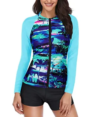 Women's UPF 50  Two Piece Bathing Suit Long Sleeve Zipper Rash Guard Swimsuit
