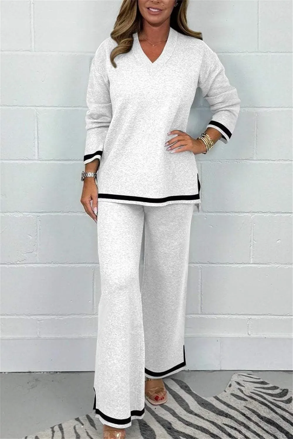 Women's V-Neck Soft Knit Border Edge Trouser Co-Ord Fall 2 Piece Lounge Set Outfits Tracksuits Long Sleeve Sweatsuits