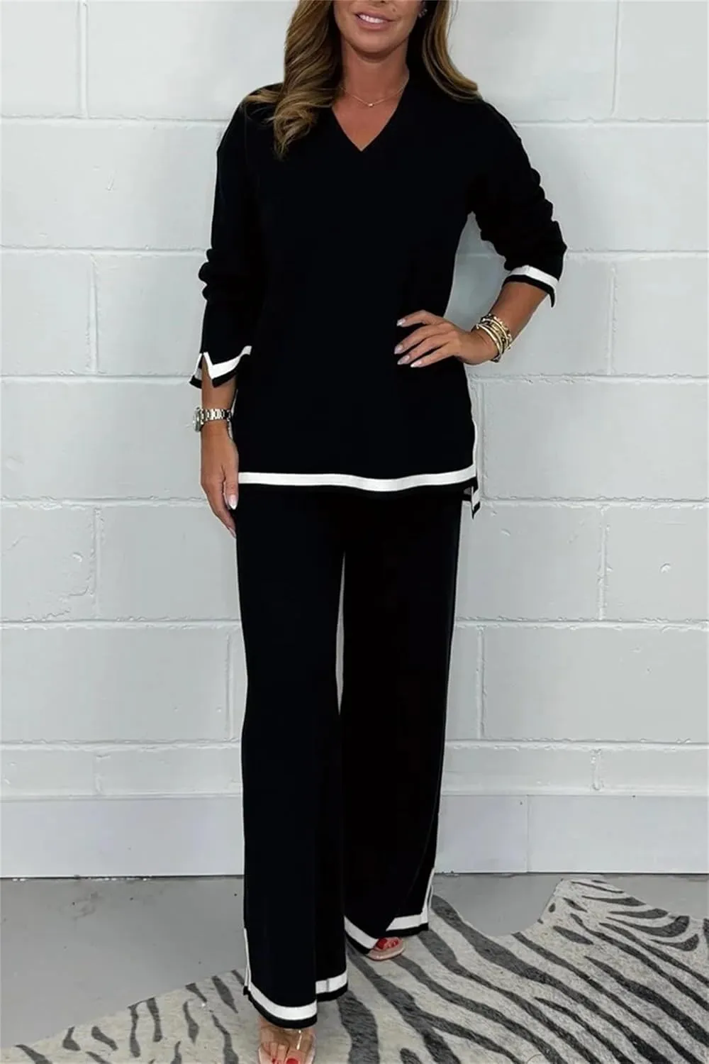 Women's V-Neck Soft Knit Border Edge Trouser Co-Ord Fall 2 Piece Lounge Set Outfits Tracksuits Long Sleeve Sweatsuits
