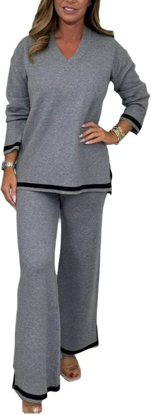 Women's V-Neck Soft Knit Border Edge Trouser Co-Ord Fall 2 Piece Lounge Set Outfits Tracksuits Long Sleeve Sweatsuits
