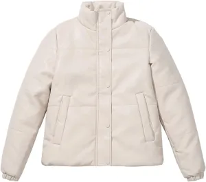 Women's Vintage Leather Puffer Jacket Warm Stand Collar Cropped Winter Down Coat Quilted Lightweight Parka Jacket
