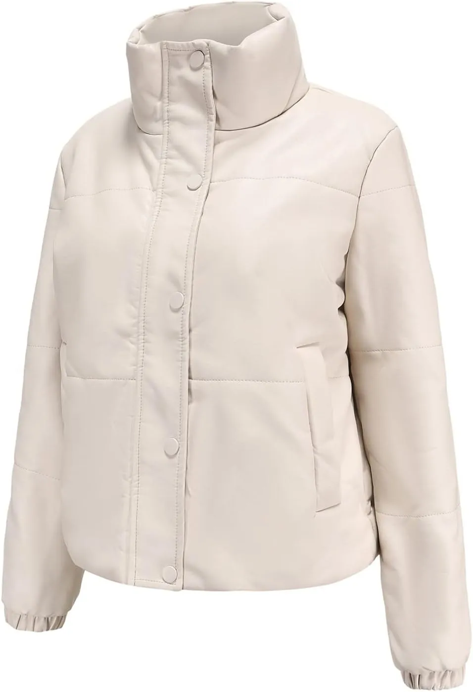 Women's Vintage Leather Puffer Jacket Warm Stand Collar Cropped Winter Down Coat Quilted Lightweight Parka Jacket