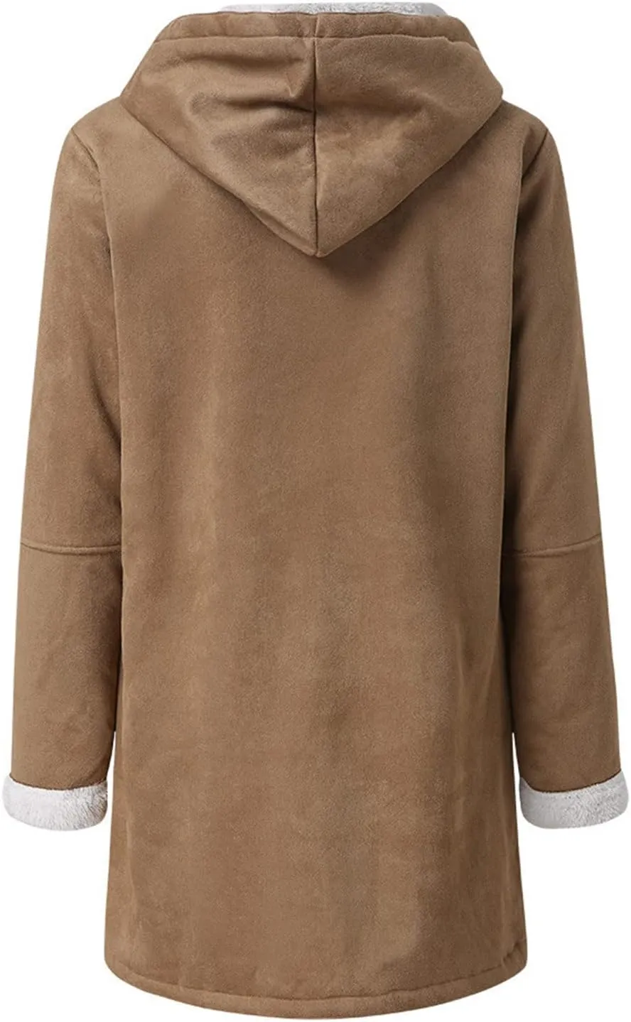 Womens Winter Coats Sherpa Fleece Jackets Hoodies Thicken Overcoat Oversized Parka Faux Suede Long Pea Coat with Pocket