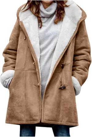 Womens Winter Coats Sherpa Fleece Jackets Hoodies Thicken Overcoat Oversized Parka Faux Suede Long Pea Coat with Pocket