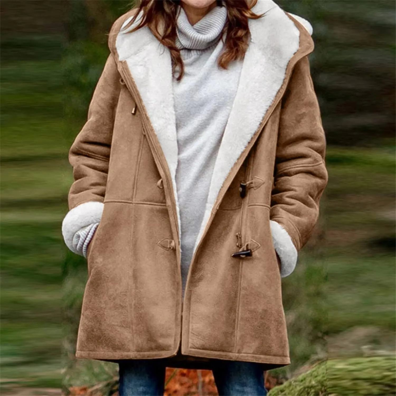Womens Winter Coats Sherpa Fleece Jackets Hoodies Thicken Overcoat Oversized Parka Faux Suede Long Pea Coat with Pocket