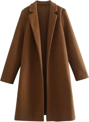 Womens Winter Wool Jackets Open Front Cardigan Long Sleeve Lapel Casual Thicken Warm Outerwear Overcoat Long Peacoat