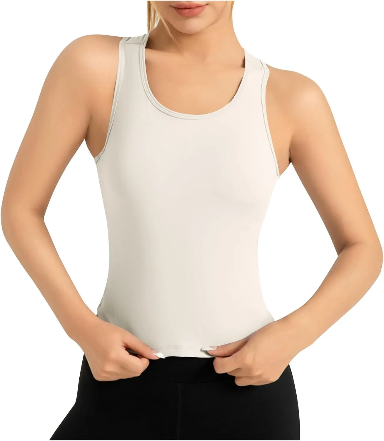 Womens Workout Sleeveless Tops Round Neck Seamless Athletic Tank Tops Summer Quick Dry Stretch Running Gym Yoga Shirts