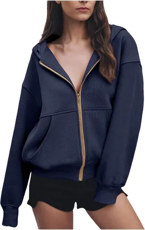 Women's Zipper Hoodie Long Sleeve Cropped Sweatshirt Fleece Hooded Jacket Fashion Autumn Winter Women Casual Tops